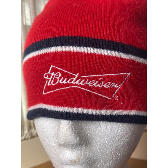 Budweiser beer bow tie Red Knit Beanie Hat White Embroidered Logo Stripes - Picture 1 of 4